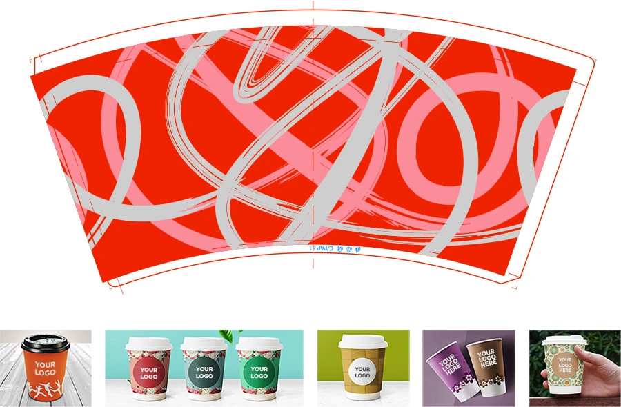 Yaratıcı kırmızı-beyaz desenli karton bardak ve altta farklı renklerde baskılı bardaklar yan yana dizilmiş. Özgün tasarımlar ve baskı kalitesi vurgulanıyor.