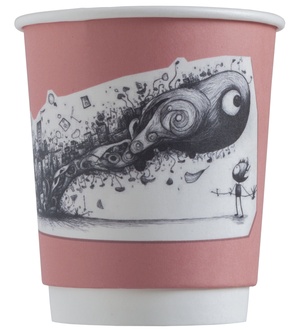 Pembe fonlu, üzerinde dalga desenli illüstrasyon bulunan ve “Webikondri” logosu yer alan özel baskılı karton bardak. Marka tasarımıyla özgün bir görünüm sunulmuş.